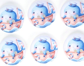 HANDMADE BUTTONS. Set of 6 Handmade Whale Sewing Buttons.  Blue Sailor Whale in Sailboat.  Assorted Sizes Available.