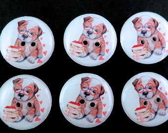 6 Cute Dog Bull Dog with Glasses and Books Sewing Buttons.  Choose Your Size.