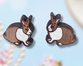 ONE  Pair of Handmade Hand Painted Wooden Rabbit or Bunny Earrings.  STERLING SILVER Stud or Post Earrings.  Easter Accessory.