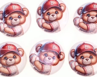 HANDMADE Buttons.  6 Baseball Bear Sewing Buttons.  Shank Style Back.  Assorted Sizes Available.