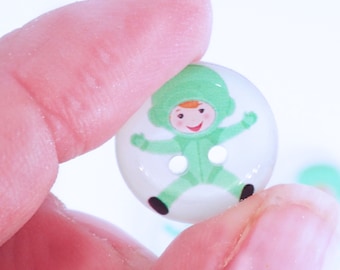 HANDMADE BUTTONS. 6 Handmade Green Astronaut Boy Sewing Buttons.  Novelty Buttons Washer and Dryer Safe.  5/8" or 16 mm.