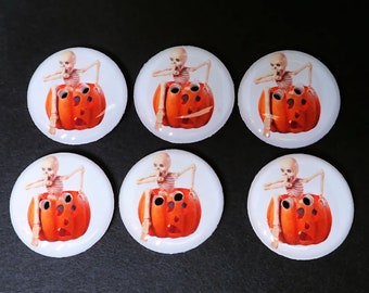 6 Handmade Skeleton in Pumpkin or Jack o Lantern Halloween Buttons.  Assorted Sizes Available.