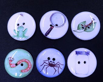 6 Bug Buttons. Bug Collector Decorative Novelty Buttons. 6 Different Designs. Choose Your Size.