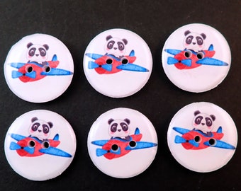 6 Handmade Panda in Airplane Buttons.  Choose Your Size.