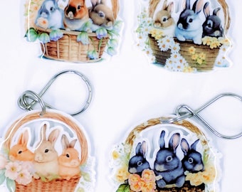 CHOOSE ONE Handmade Rabbits in Basket Keychain or Backpack Tag.  2" by 2"  or 5 cm by 5 cm.