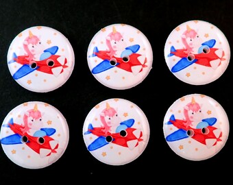 6 Handmade Unicorn in Airplane Buttons.  Unicorn Pilot in Red and Blue Plane.  Choose Your Size.