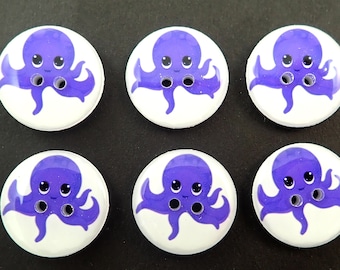 6 Purple Octopus Buttons.  Handmade buttons for Sewing.