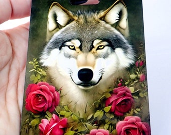 ONE Handmade Wolf and Red Roses Luggage Tag or Backpack Tag.  2 3/4" by 4" or 6.5 cm by 10 cm.