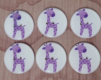 HANDMADE Buttons. 6 Purple Giraffe Buttons.  Handmade Sewing Buttons.  Choose Your size.