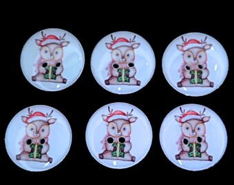 6 Cute Christmas Deer Sewing Buttons.  Deer in Santa Hat with Christmas Present Buttons.  Choose Your Size.