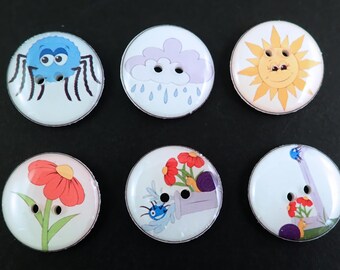 6 Spider Buttons.  Spider And Water Spout Children's Sewing Buttons. Handmade By Me.  3/4" or 20 mm.