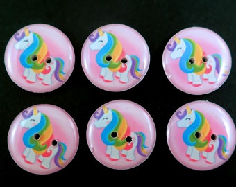 HANDMADE Buttons. 6 Rainbow Unicorn on Pink Buttons for Knitting, Crochet or Sewing. Choose Your Size.