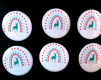 6 Christmas Rainbow and Deer Sewing Buttons for SHANK Style Sewing, Knitting or Crochet.   Choose Your Size.