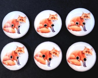 6 Realistic Image Red Fox Buttons.  Fall or Autumn Fox Sewing Buttons.  3/4" (20 mm) or 5/8" (16 mm).