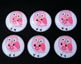 6 Handmade  Bright Pink Flower Owl Sewing Buttons.  Assorted Sizes Available.