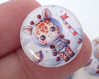 HANDMADE Buttons. 6 Handmade Giraffe Astronaut Sewing Buttons.  Novelty Buttons Washer and Dryer Safe.  3/4" or 20 mm.