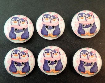 6 Hugging Penguin Buttons.  Sewing or Craft Supplies.   Pink and Black. Choose Your Size.