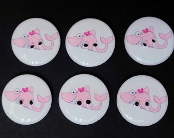 6 Pink Shark Buttons. Handmade Decorative Novelty Buttons for sewing, Embellishments and Crafts. 3/4" (or 20 mm) or 5/8" (or 16 mm).