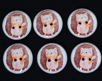6  Hedgehog Buttons. Handmade Buttons. 3/4" or 20 mm Sewing Buttons.  Fall or Autumn Hedgehog Buttons.