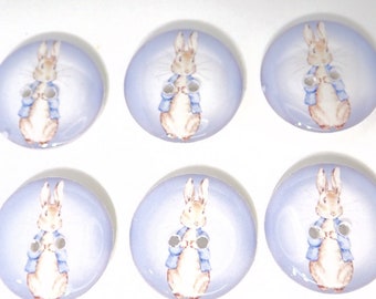 Set of 6 Adorable Handmade Rabbit or Bunny Sewing Buttons.  Vintage Rabbit in Blue Coat.
