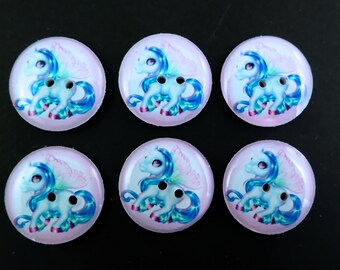 6 Handmade Teal Blue Winged Unicorn Buttons.  Washable Handmade Embellishment for Knitting or Sewing. Choose Your Size.