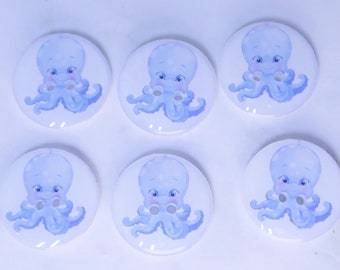 Set of 6 Handmade Light Blue Octopus Sewing Buttons.  Assorted Sizes Available.