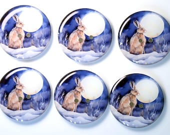 Set of 6 Handmade Winter Rabbit in the Snow Sewing Buttons.  1" (25 mm) or  3/4"  (20 mm).