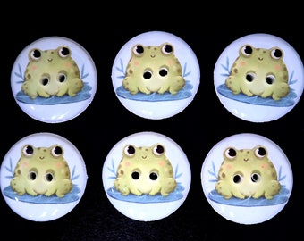 6 Cute Fat Green Frog Sewing Buttons.  Assorted Sizes.  Several Sizes Available.