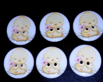 6 Adorable Yellow Chick with Flowers Handmade Sewing Buttons.   Assorted Sizes Available.