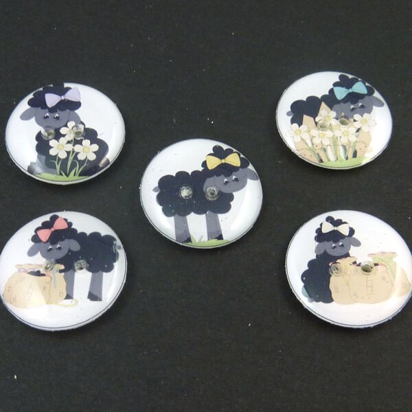 5 Baa Baa Black Sheep Decorative Buttons.  Nursery Rhyme Children's Novelty Sewing Buttons. 3/4" or 20 mm. Washer and Dryer Safe.  Handmade.