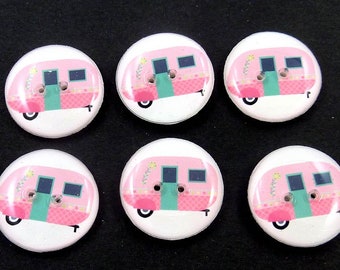 6 RV or Camper Buttons. Handmade Pink Decorative Craft Novelty Recreational Vehicle or Camping Trailer Sewing Buttons. Choose Your Size.