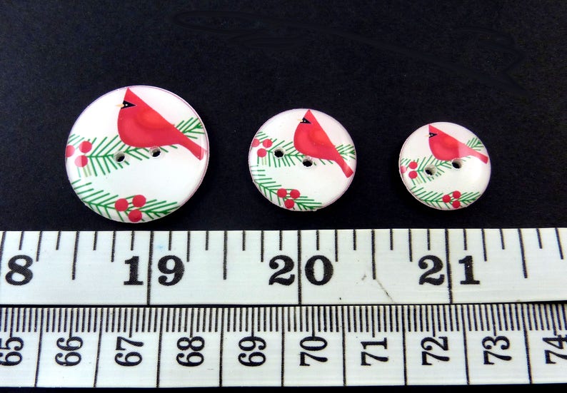 6 Bright Red Cardinal Christmas Buttons. Sew on Embellishment. Washer and Dryer Safe. Choose Your Size. 1" = 25 mm