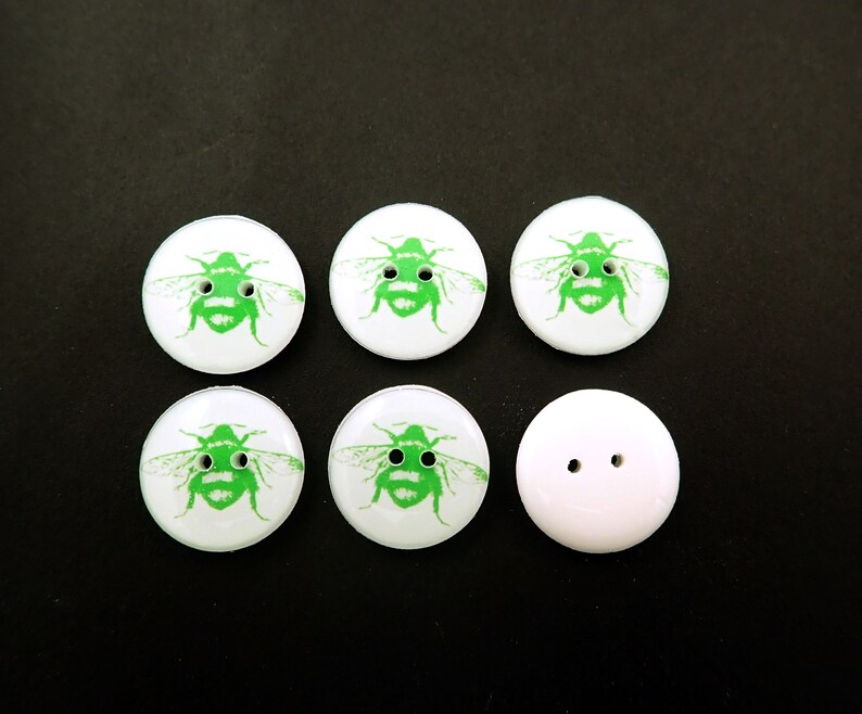 6 Handmade Lime Green Bee Buttons.