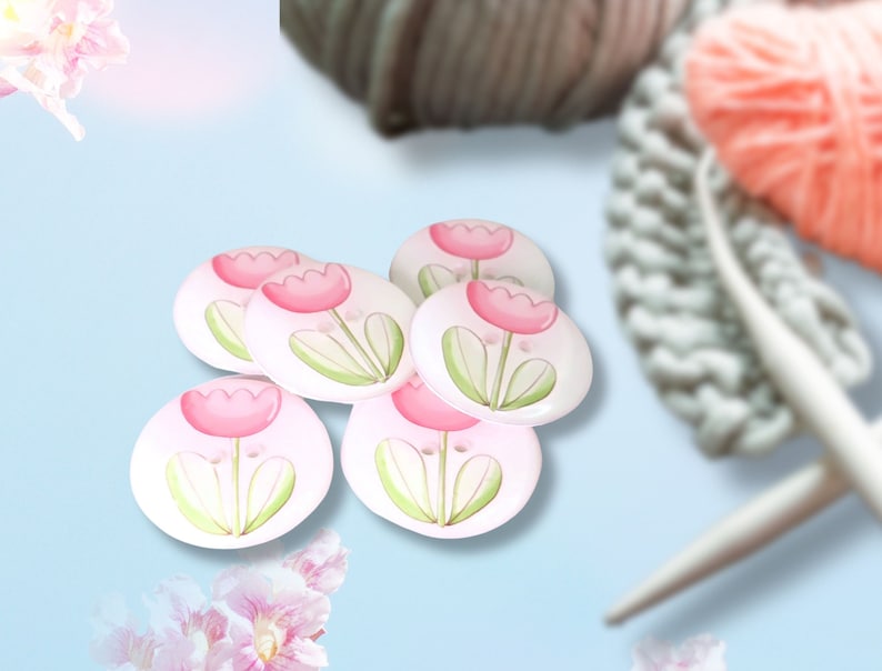 HANDMADE Buttons. Set of 6 Handmade Pink Flower or Tulip Sewing Buttons. Assorted Sizes Available. Extra large to Extra Small. image 1