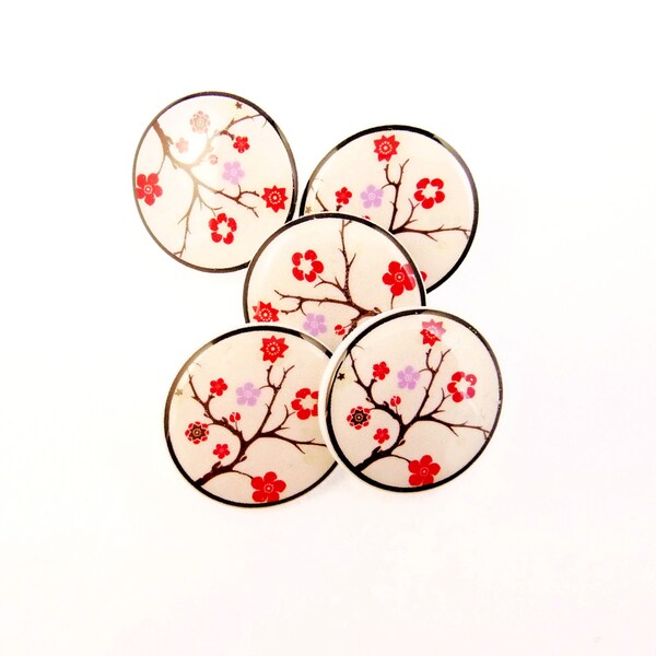 5 SHANK Handmade Buttons. Cherry Blossom Buttons.  3/4" or 20 mm Flower Sewing Buttons. Asian inspired buttons.