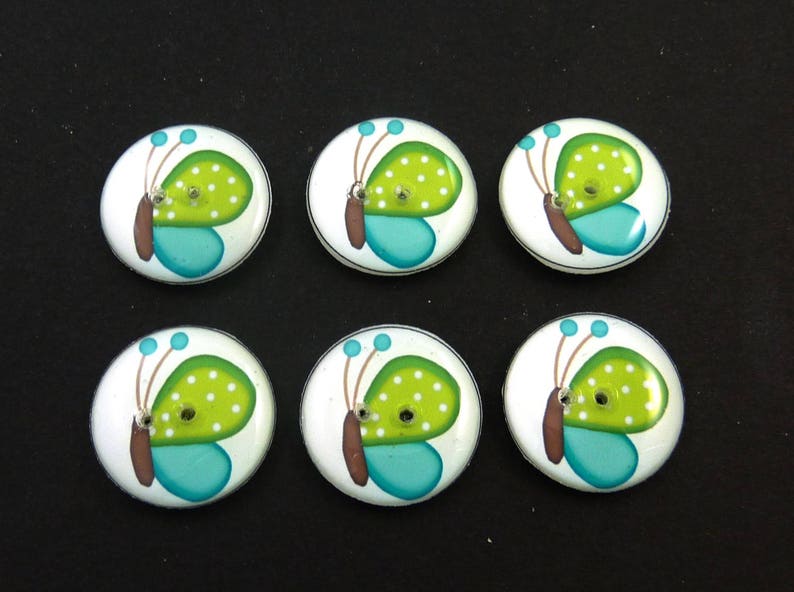 Decorative Craft Novelty Sewing buttons. Green and Turquoise blue Butterfly Handmade Buttons for sewing 6 Butterfly Buttons