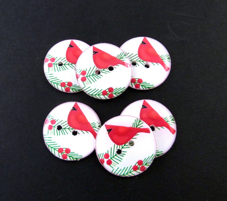 6 Bright Red Cardinal Christmas Buttons. Sew on Embellishment. Washer and Dryer Safe. Choose Your Size. image 2