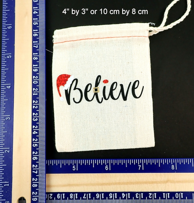 ONE Small Believe Christmas Gift Bag Choose Your Material. Reusable Burlap or Cotton Gift Bag