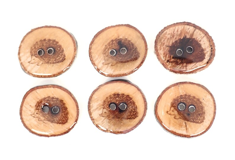 HANDMADE BRANCH Buttons. Set of 6 Handmade Hedgehog Wooden Buttons. Made from Real Tree Branch with Bark Attached. 1 or 25 mm Round. image 2