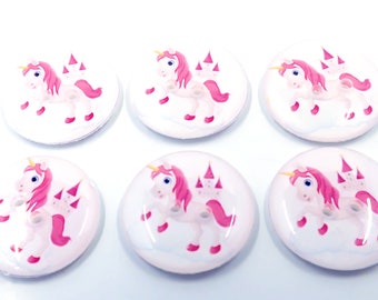6 Handmade Pink Unicorn Buttons.  Washable Handmade Embellishment for Knitting or Sewing. Choose Your Size.