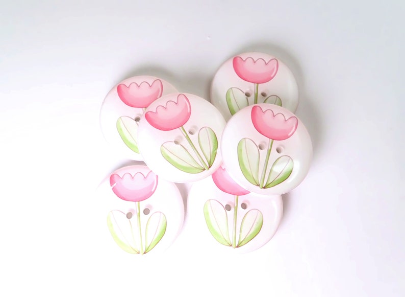 HANDMADE Buttons. Set of 6 Handmade Pink Flower or Tulip Sewing Buttons. Assorted Sizes Available. Extra large to Extra Small. image 7