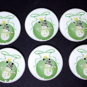 Set of Handmade Green Christmas Decoration Snowman Buttons.  1" or 25 mm Round.