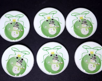 Set of Handmade Green Christmas Decoration Snowman Buttons.  1" or 25 mm Round.