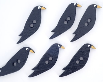 HANDMADE Wooden Buttons. Set of 6  Handmade Hand Painted Primitive Crow or Blackbird Sewing Buttons.  1 1/4"  or 32 mm tall - head to tail.