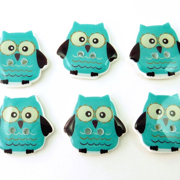 Owl Buttons. Handmade Buttons. 6 resin sewing buttons. Turquoise Blue and Brown Owl buttons.