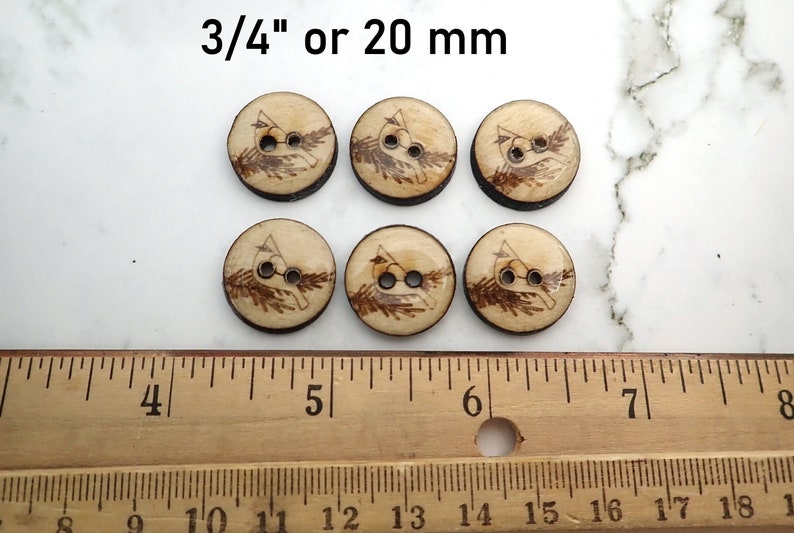 Set of 6 Handmade Wooden Cardinal Sewing Buttons. Assorted Sizes Available. 3/4" or 20 mm