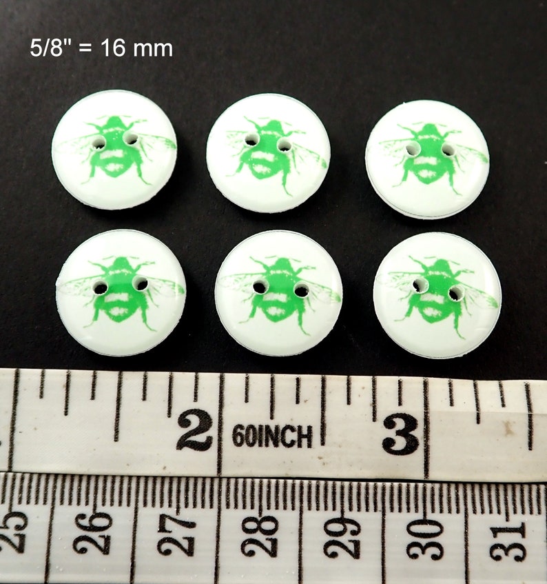 6 Handmade Lime Green Bee Buttons.