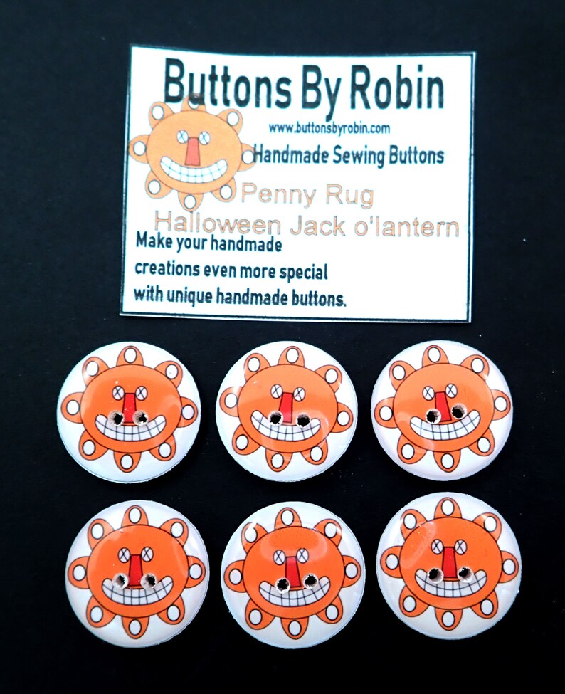 6 Orange Penny Rug Halloween Jack o'lantern or pumpkin sewing buttons. image 1