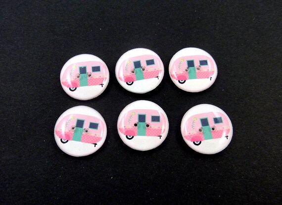 6 RV or Camper Buttons. Handmade Pink Decorative Craft Novelty
