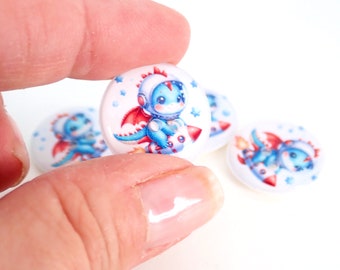 HANDMADE BUTTONS. Set of 6 Handmade Blue and Red Dragon Riding a Rocket Sewing Buttons.  Assorted Sizes Available.